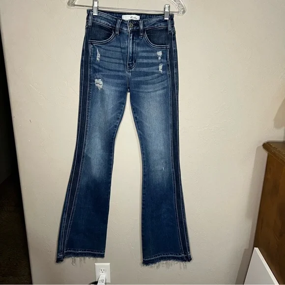 Kancan Morgan High Rise Flare Two Tone Raw Hem Flare  Distressed Denim Jeans - Picture 5 of 12